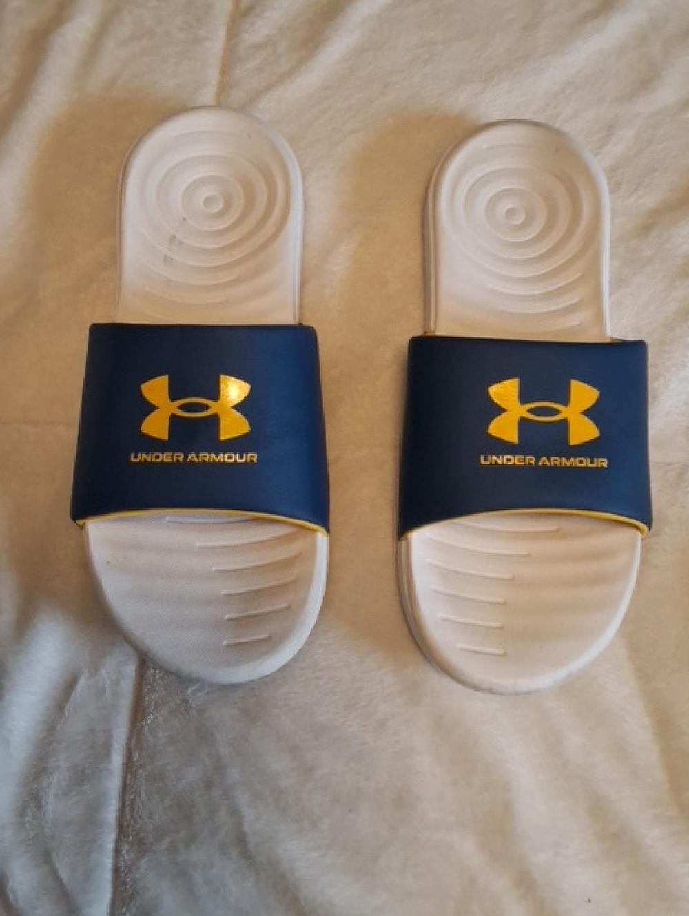 Under Armour Navy Slides with Yellow Logo and White Footbed